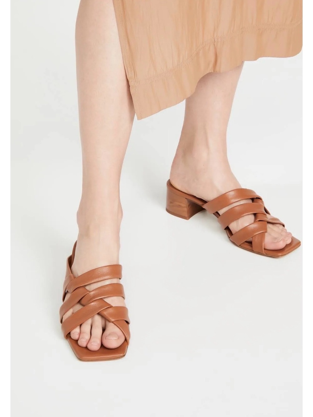 VINCE Tessa Tan Woven Leather Low Block Heel Mules - 8.5